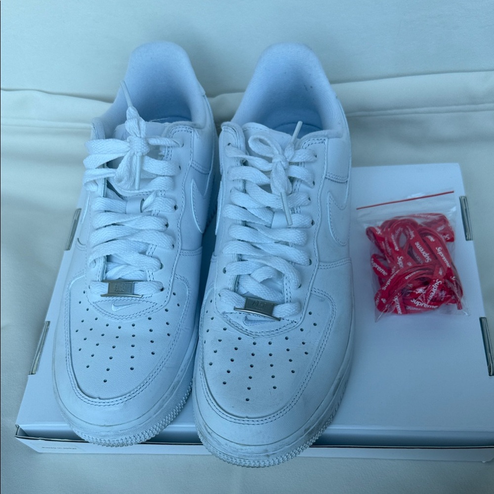 Nike Supreme Air Force 1s White Sneakers with Red Laces (lightly worn)